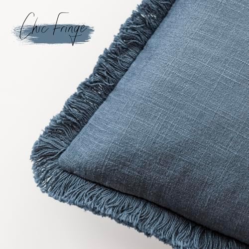 Foindtower Boho Linen Fringe Lumbar Throw Pillow Covers 12×20 Dark Blue - Image 3