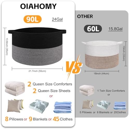 OIAHOMY 90L XXXLarge Blanket Basket Living Room Laundry Basket Black&Grey - Image 2