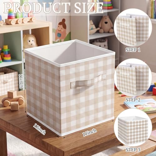 Yalikop 6 Pcs Beige Gingham Cube Storage Bins, 11 Inch Fabric Checkered - Image 2