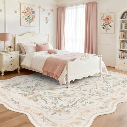 Scalloped Floral Rug 6x9, Neutral Beige Washable Non Slip Area Rug - Image 2