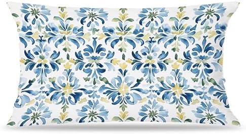 Mediterranean Blue and Yellow Floral Tile Pillow Covers 12x20, Vintage Moroccan by Unknown