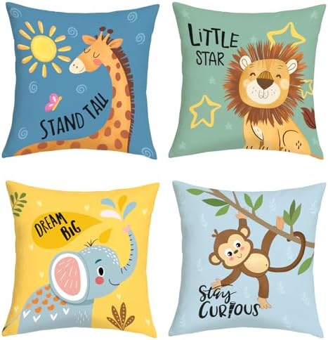 20x20 Set of 4 Kids Cartoon Animals Throw Pillow Cushion Covers by JOYMAISON