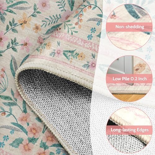 5x8 Pink Floral Nursery Rug – Washable Non-Slip Soft Carpet, Cute Boho Area Rug - Image 6