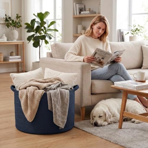 90L Extra Large Blanket Basket, Woven Rope Laundry Basket-Dark Blue - Image 4