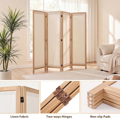 Wood Room Divider Panel with Linen Fabric, Boho Folding Privacy Screen 67" - Image 2