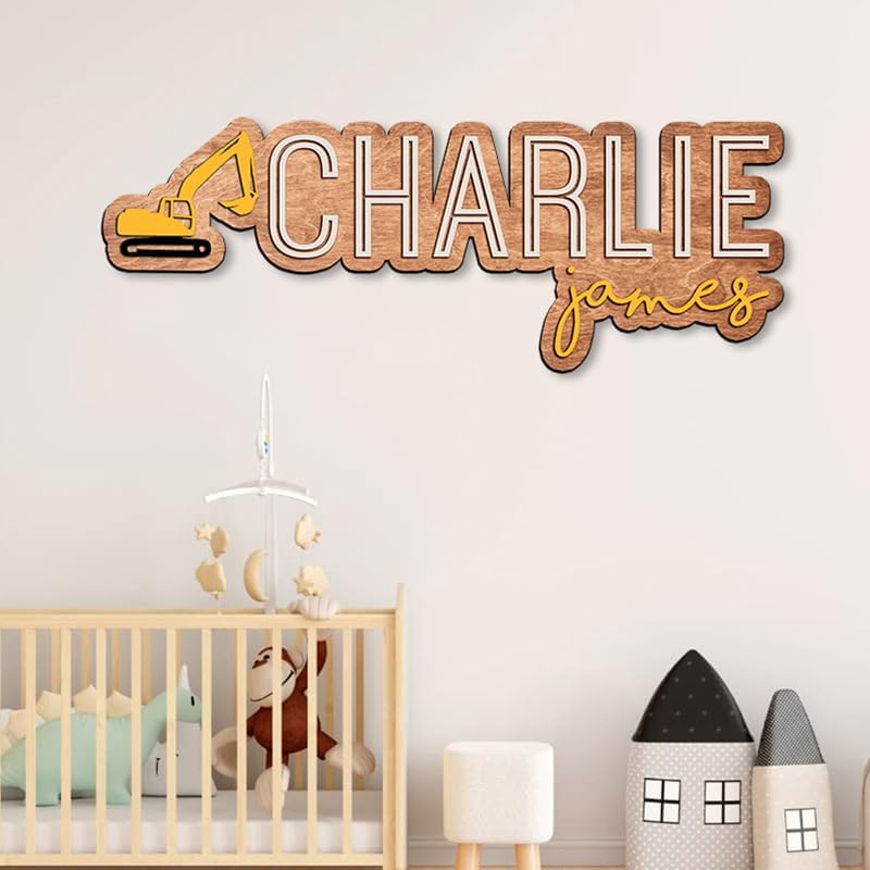 Custom baby name sign, Excavator truck decor - Image 2