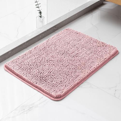 Chenille Bathroom Rug 17"x24" Blush, Non-Slip Plush Bath Mat by Kildoss