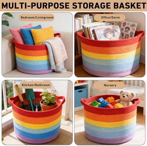 115L Large Blanket Basket, Rope Woven Laundry Basket-Rainbow - Image 5