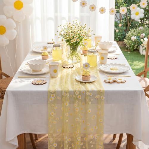 4 Pcs Yellow Daisy Table Runner 29x70 Inch, Lace - Image 4