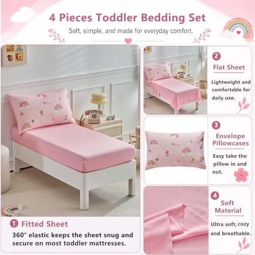 DuShow Pink Rainbow Toddler Bedding Set, 4 Piece Baby Crib Bedding Comforter - Image 2