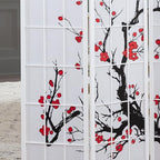 Roundhill Furniture White Japanese 4-Panel Screen Room Divider, Plum Blossom - Image 3