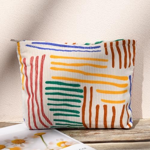 SOIDRAM 2 Pieces Stripes Makeup Bag Large Corduroy Cosmetic Bag Capacity Canvas - Image 7