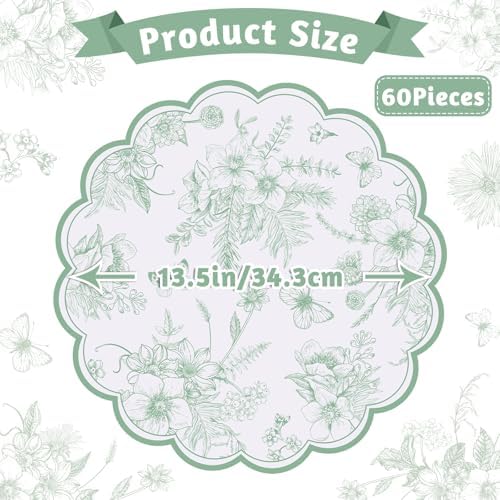 60 Pcs Sage Green Floral Paper Placemat, Disposable Scalloped Table Mat - Image 2