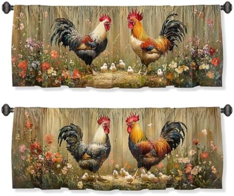 Rooster Curtain Valance for Windows 2 Pack Colorful Feather Flower Wooden Fence by Unknown
