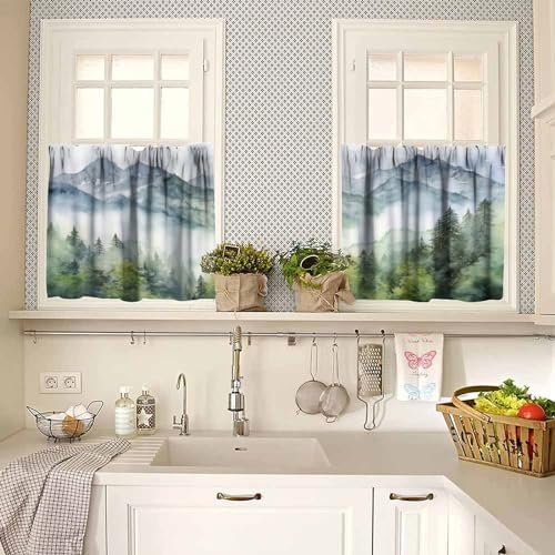 Forest Valance Curtain for Kitchen, Watercolor Style Nature Woodland Green - Image 2
