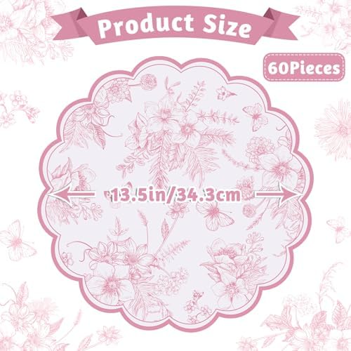 60 Pcs Pink Floral Paper Placemat, 13.5 Inch Disposable Scalloped Table Mat - Image 2