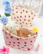 Flat Makeup Bag for Women, Zipper Cosmetic Pouch for Purse, Strawberry Pink - Image 3