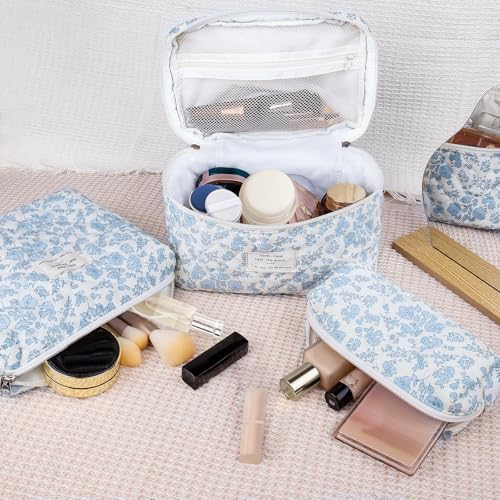 Gosect 3PC Makeup Bag Set, Quilted Makeup Bag Set, Large Floral Cosmetic Bag - Image 4