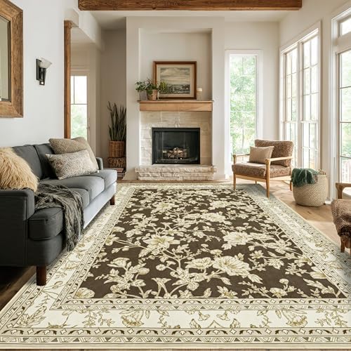 9 x 12 Rug Washable Peony Flower Pattern Brown Large Rugs by BILEEHOME