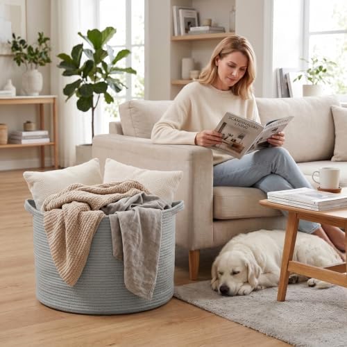 65L Large Blanket Basket, Woven Rope Laundry Basket-Light Gry - Image 4