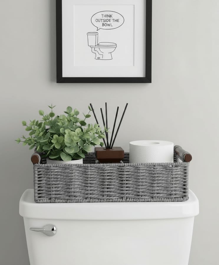 CubesLand Small Wicker Toilet Basket Tray Organizer W/Cut Out Handle - Image 2