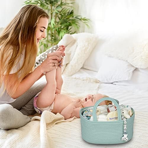 XUANGUO Cotton Rope Baby Diaper Caddy Organizer Basket Light Green - Image 5