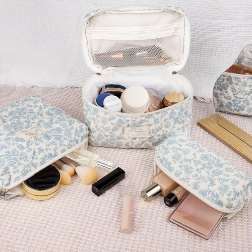 Gosect Quilted Makeup Bag Set, Large Floral Cosmetic Bag - Image 5