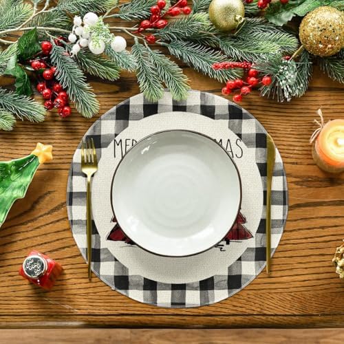 Artoid Mode Waterclor Buffalo Plaid Christmas Trees Merry Xmas Round Placemats - Image 2