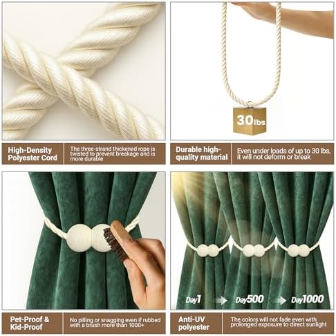 Hion Magnetic Curtain Tiebacks Beige 4 Pack, Curtain Tiebacks Buckles Holdbacks - Image 3