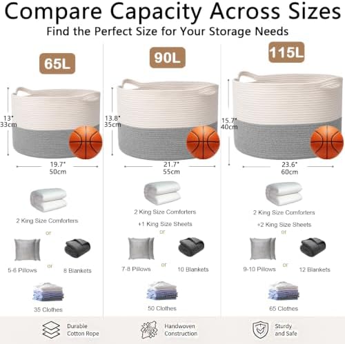 65L Large Blanket Basket, Woven Rope Laundry Basket-White&Grey - Image 2