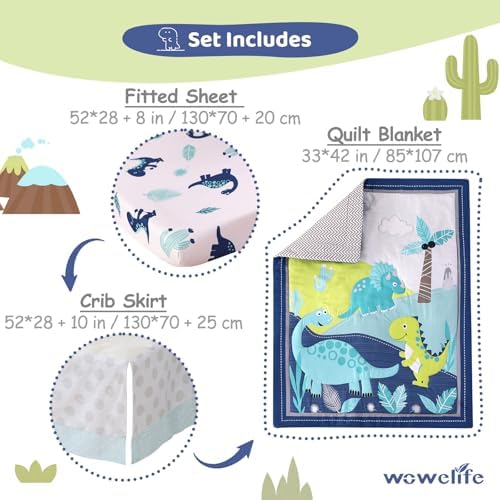 Dinosaur Crib Bedding Set for Boys Blue, Premium 3-Piece Baby Bedding Set - Image 4