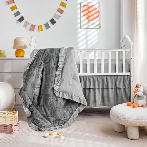 Mini Crib Bedding Set 3 Pieces Baby Boho Quilted Tufted Ruffles Comforter - Image 3