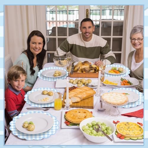 60 Pcs Blue Gingham Paper Placemats, Scalloped Blue Checkered Place Mat - Image 6