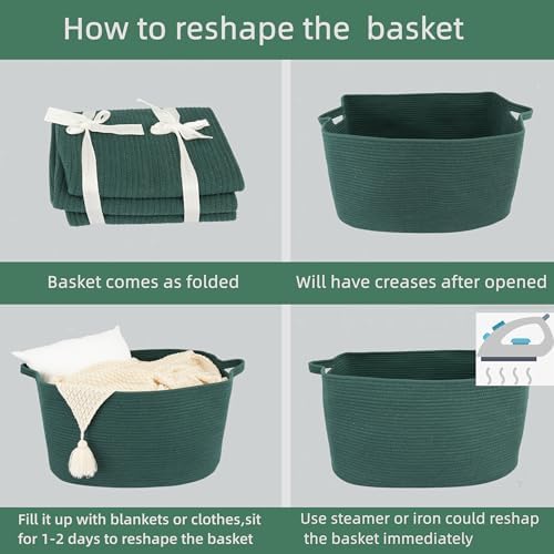 XUANGUO Large Woven Cotton Rope Blanket Basket 22"x17"x12" Dark Green - Image 7