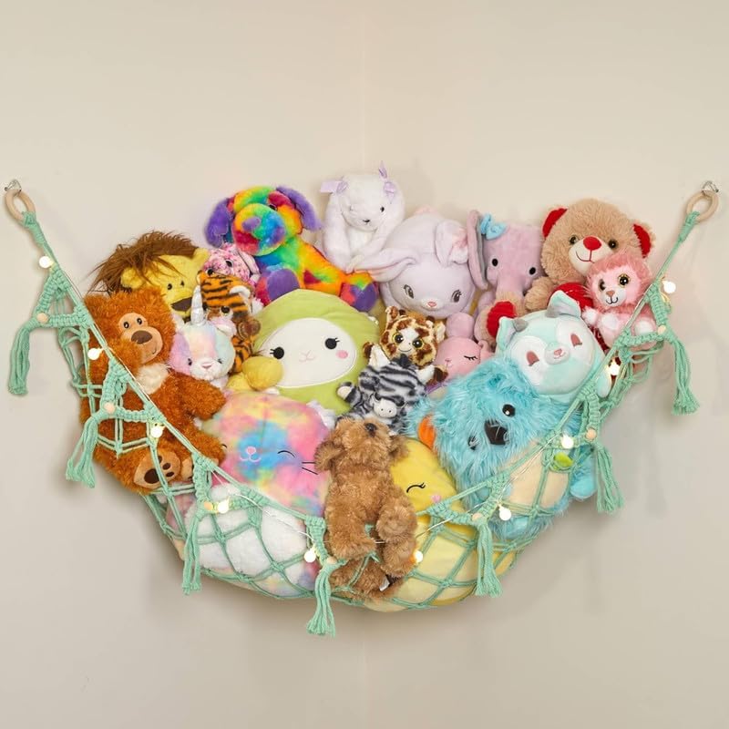 Large Macrame Stuffed Animal Storage Hammock w/Lights 2 Pack | Holds 12 lbs | by LillysLove