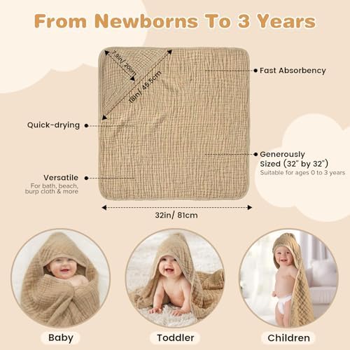 Muslin Hooded Baby Towels 2 Pack, 100% Cotton Baby Bath Towels - Image 3