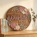 Personalized Wooden Nursery Name Sign, Custom Floral Baby Name Plaque, Round by Custom