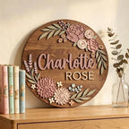 Personalized Wooden Nursery Name Sign, Custom Floral Baby Name Plaque, Round by Custom