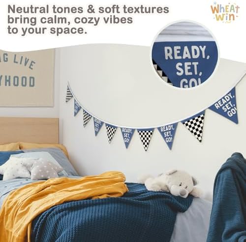 Race Car Room Decor for Boys Canvas Linen Garland Triangle Banners, Ready Set - Image 2