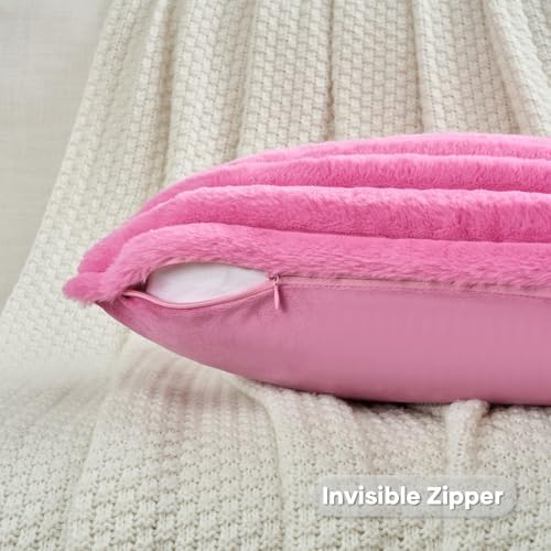 FUTEI Pack of 2 Faux Fur Throw Pillow Covers 22x22 Inch, Hot Pink - Image 3