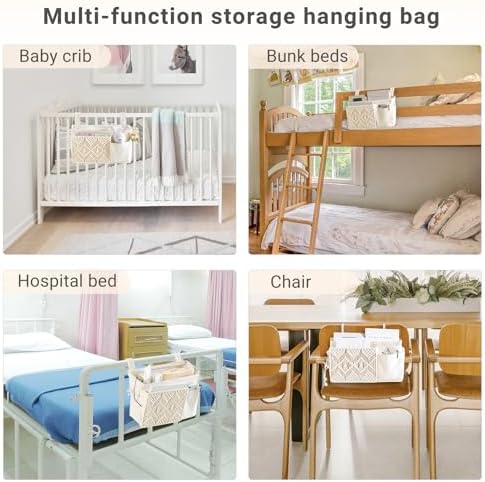 Mkono Bedside Caddy, Macrame Hanging Organizer, 4 Pockets Ivory Metal Hooks - Image 4