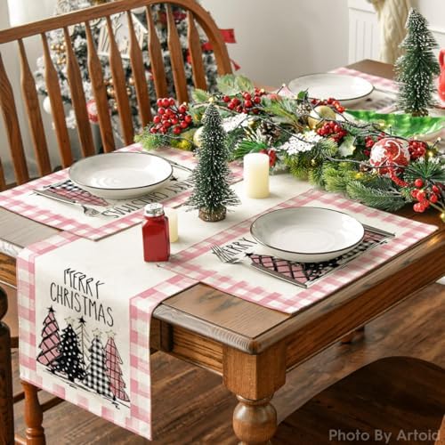 Artoid Mode Waterclor Pink Buffalo Plaid Christmas Trees Placemats Set of 4 - Image 5