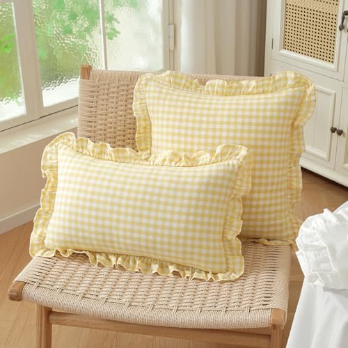 Set of 2 Yellow and White Ruffled Plaid Pillow Covers 18x18 Inch, Checkered - Image 3