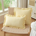 Set of 2 Yellow and White Ruffle Lumbar Pillow Covers 12x20 Inch, Gingham Plaid - Image 3