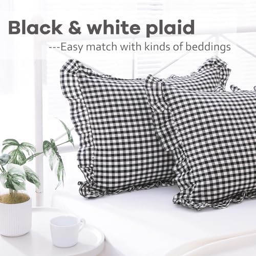 2 Pack Black White Gingham Ruffle Pillow Shams King Size 20"x36" - Image 2