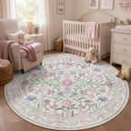 Wonnitar Floral Purple Round Area Rug 5ft, Soft Washable Kids Room Rug - Image 6