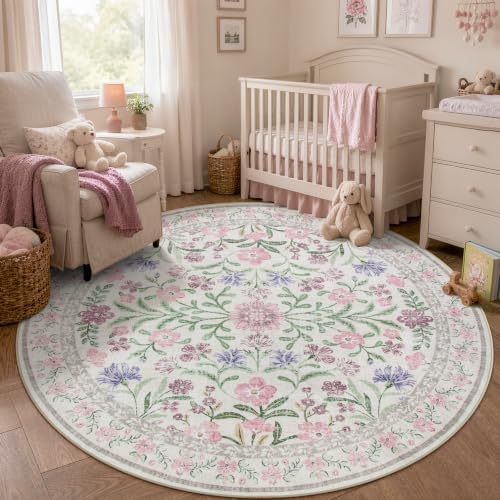 Wonnitar Floral Purple Round Area Rug 5ft, Soft Washable Kids Room Rug - Image 6