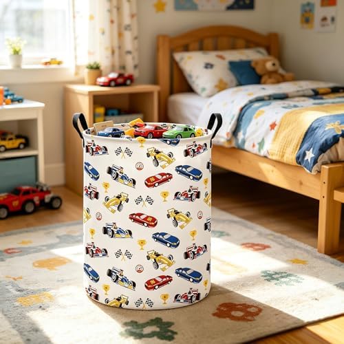 QUEENLALA Foldable Waterproof Round Fabric Laundry Basket Home, Race Car - Image 4