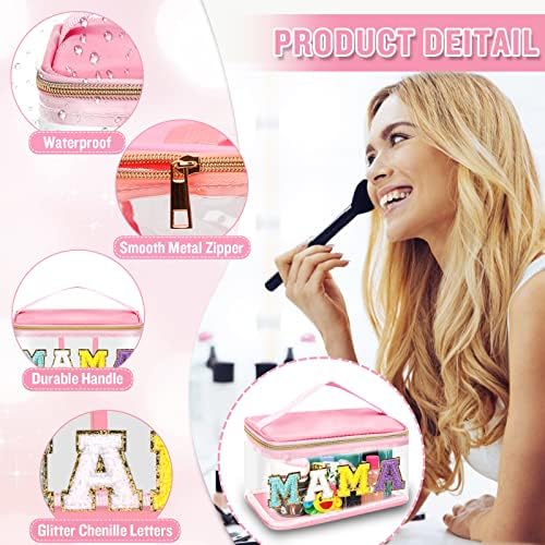 Chenille Letter Clear Makeup Bags Mama Pouch, Preppy Patch Makeup Bag Zipper - Image 3