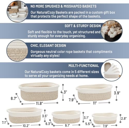 NaturalCozy 5-Piece Rectangle Storage Basket Set- Natural Cotton Rope Woven - Image 2
